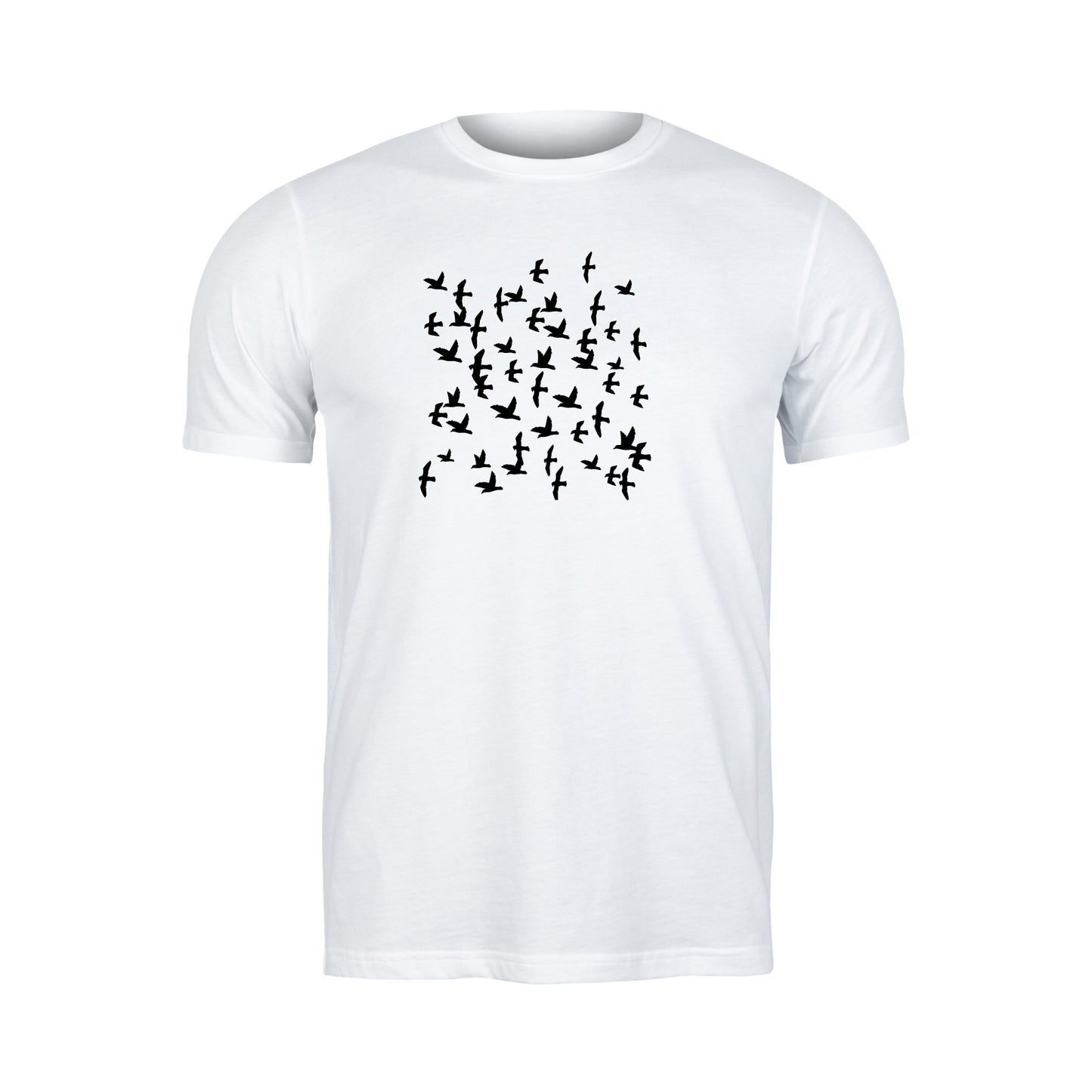 Flock of birds soaring through the sky in black silhouette