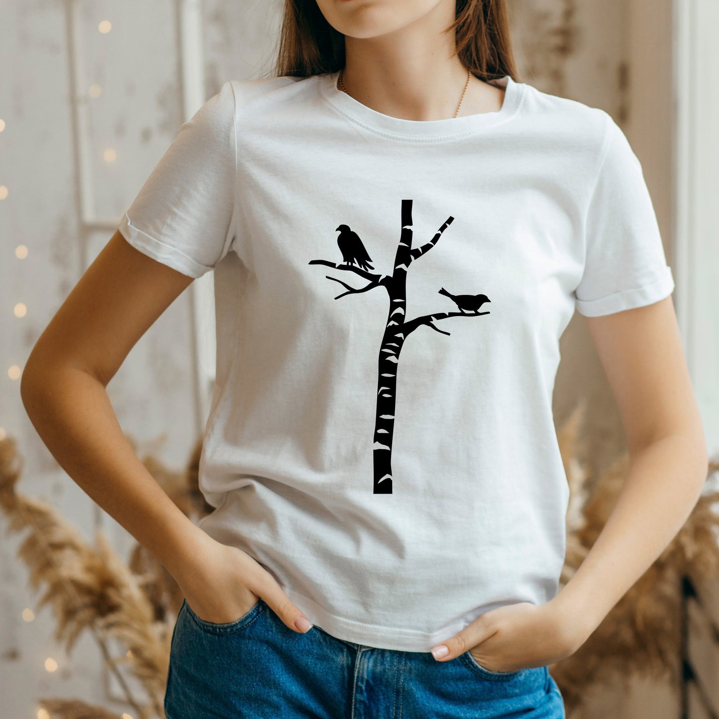 Birch tree silhouette with birds for creative crafting projects
