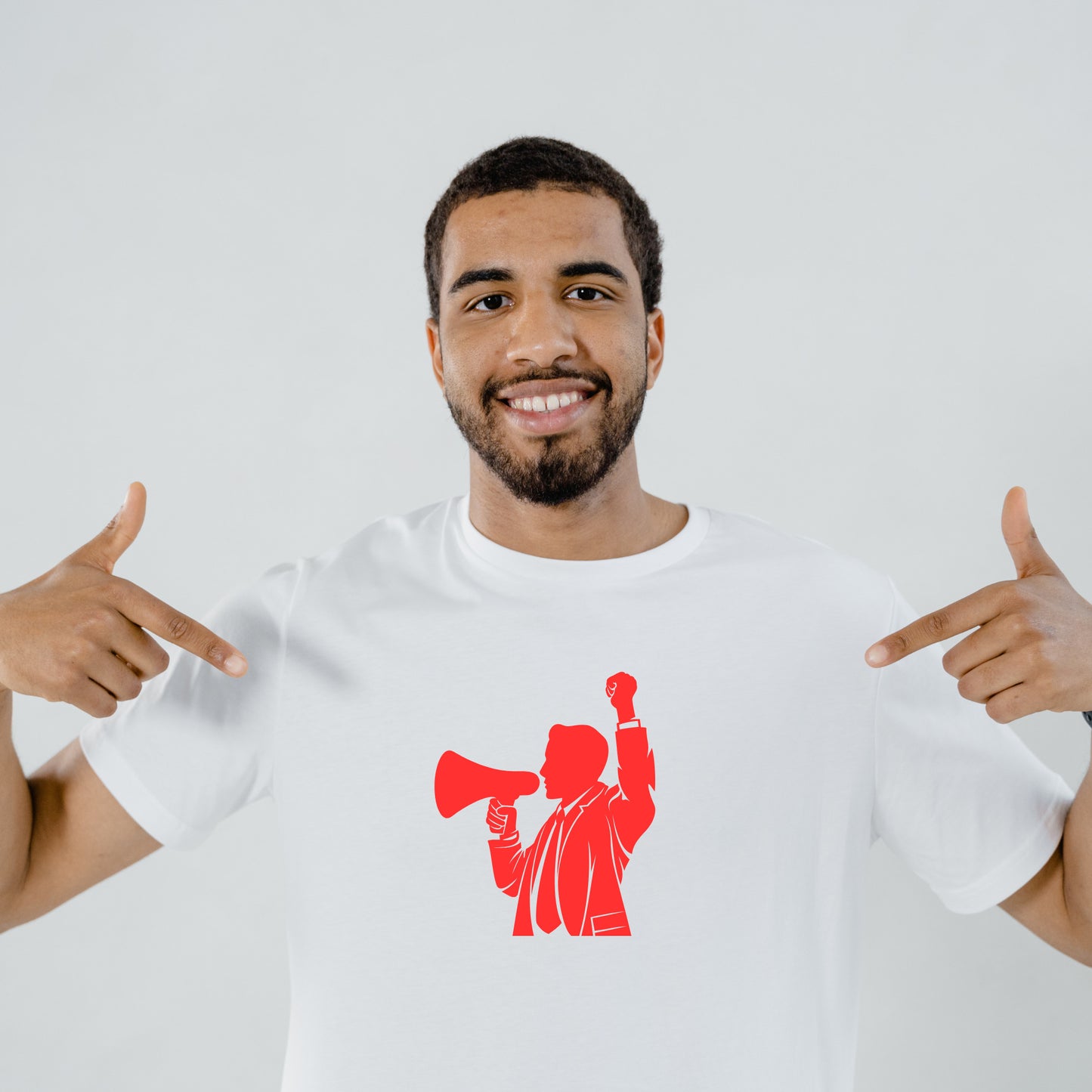 Businessman passionately advocating with a megaphone in hand