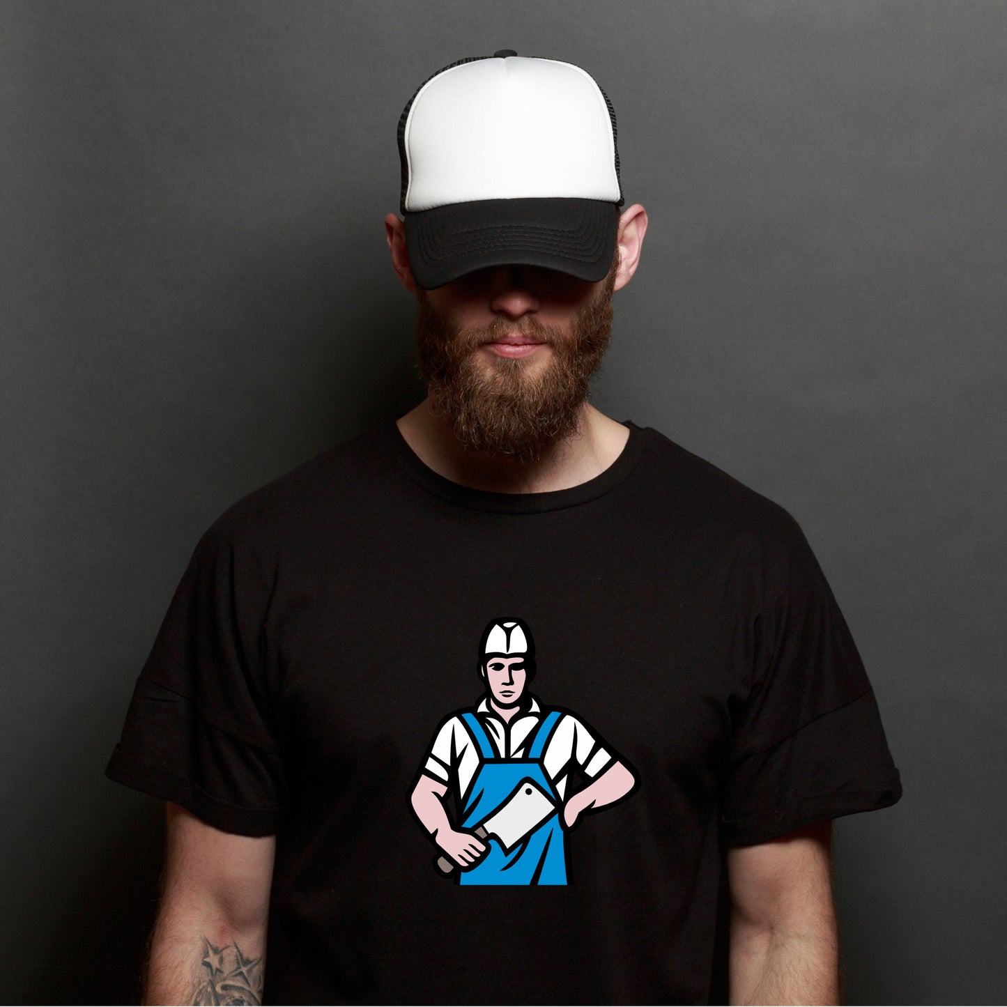 Vector graphic of a skilled butcher holding a cleaver