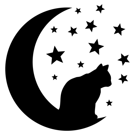 Whimsical cat silhouette resting on a crescent moon in the night
