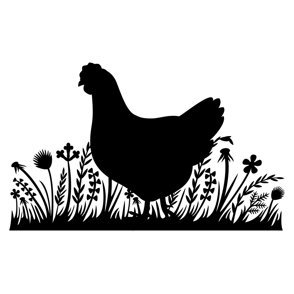 Charming chicken silhouette in lush grass and blooms