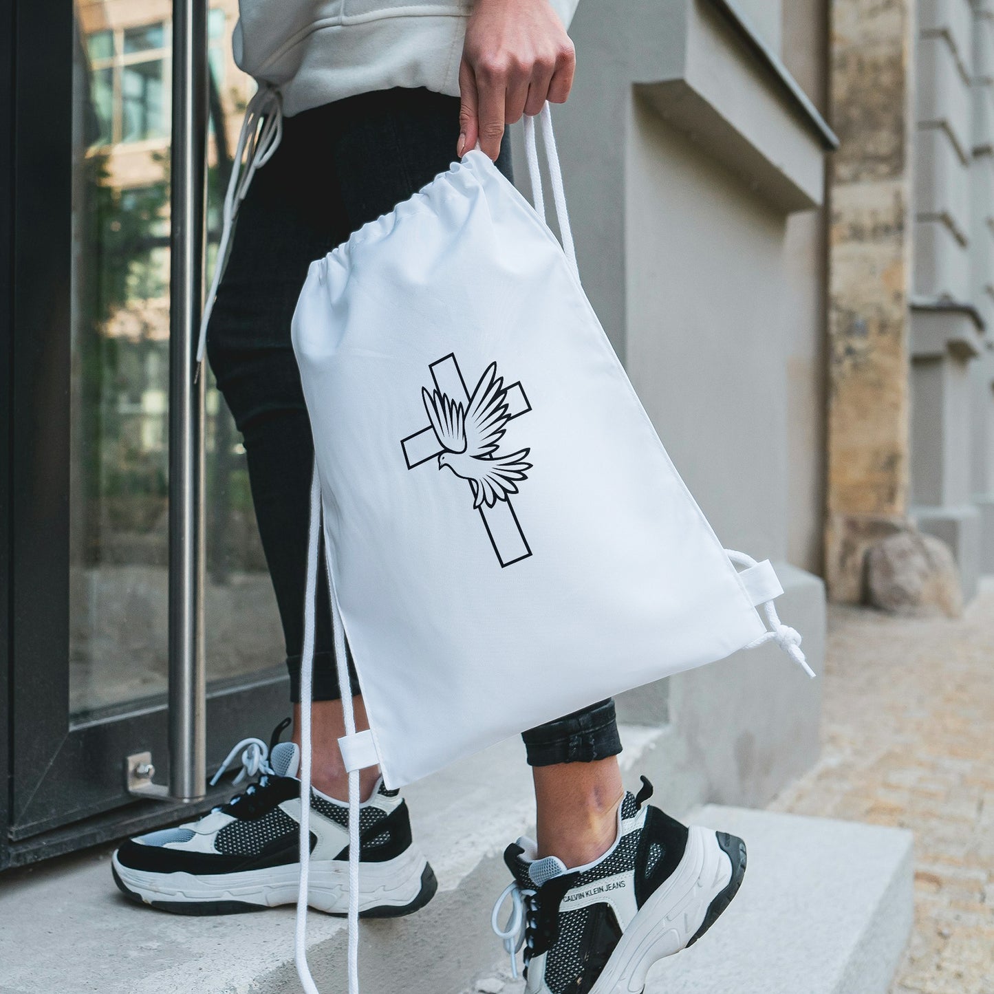 Elegant black and white layered cross with soaring dove design