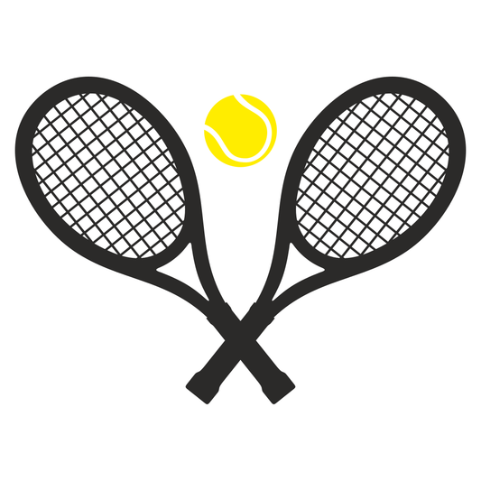 Crossed tennis rackets and a vibrant yellow ball design