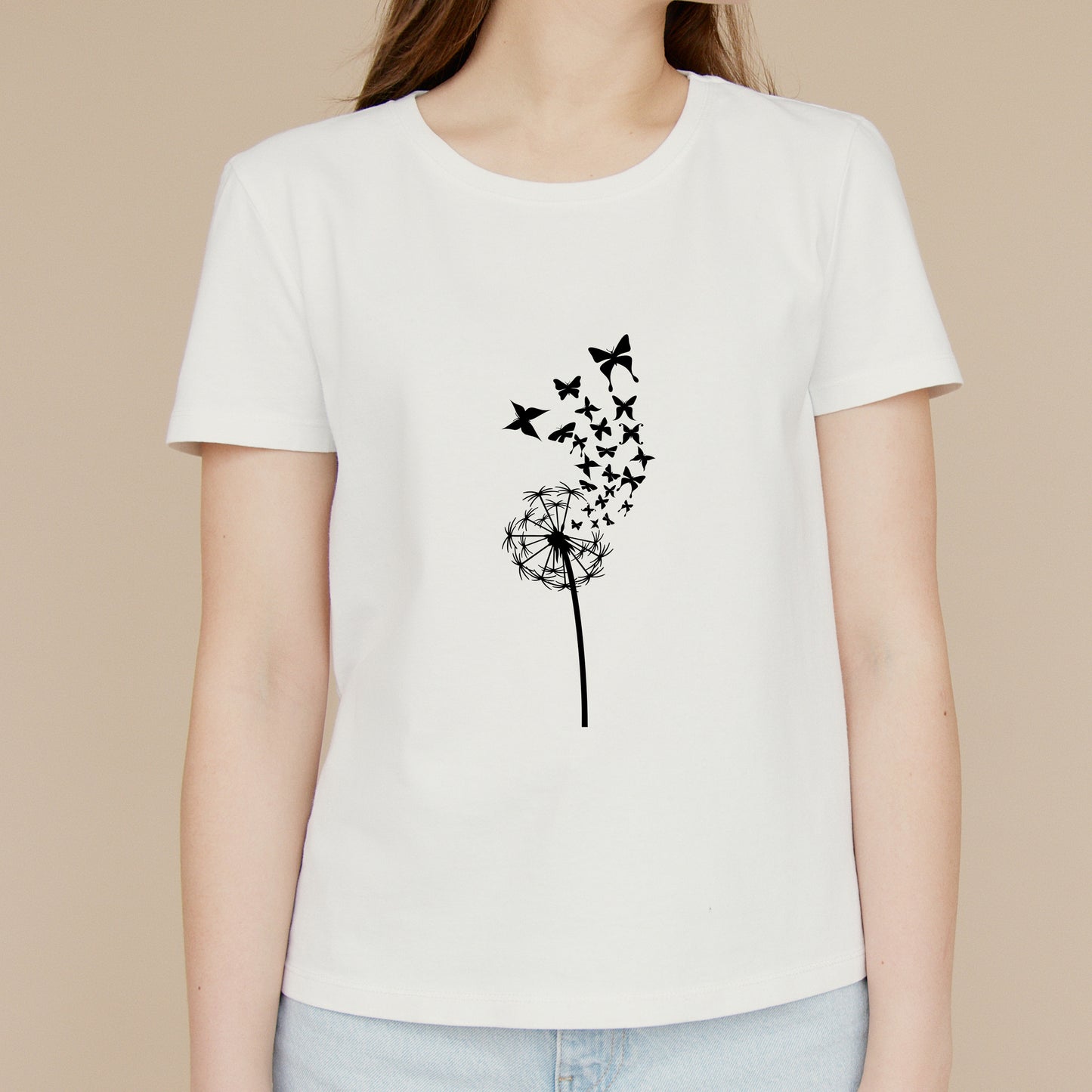 Delicate dandelion swirling with butterflies in flight