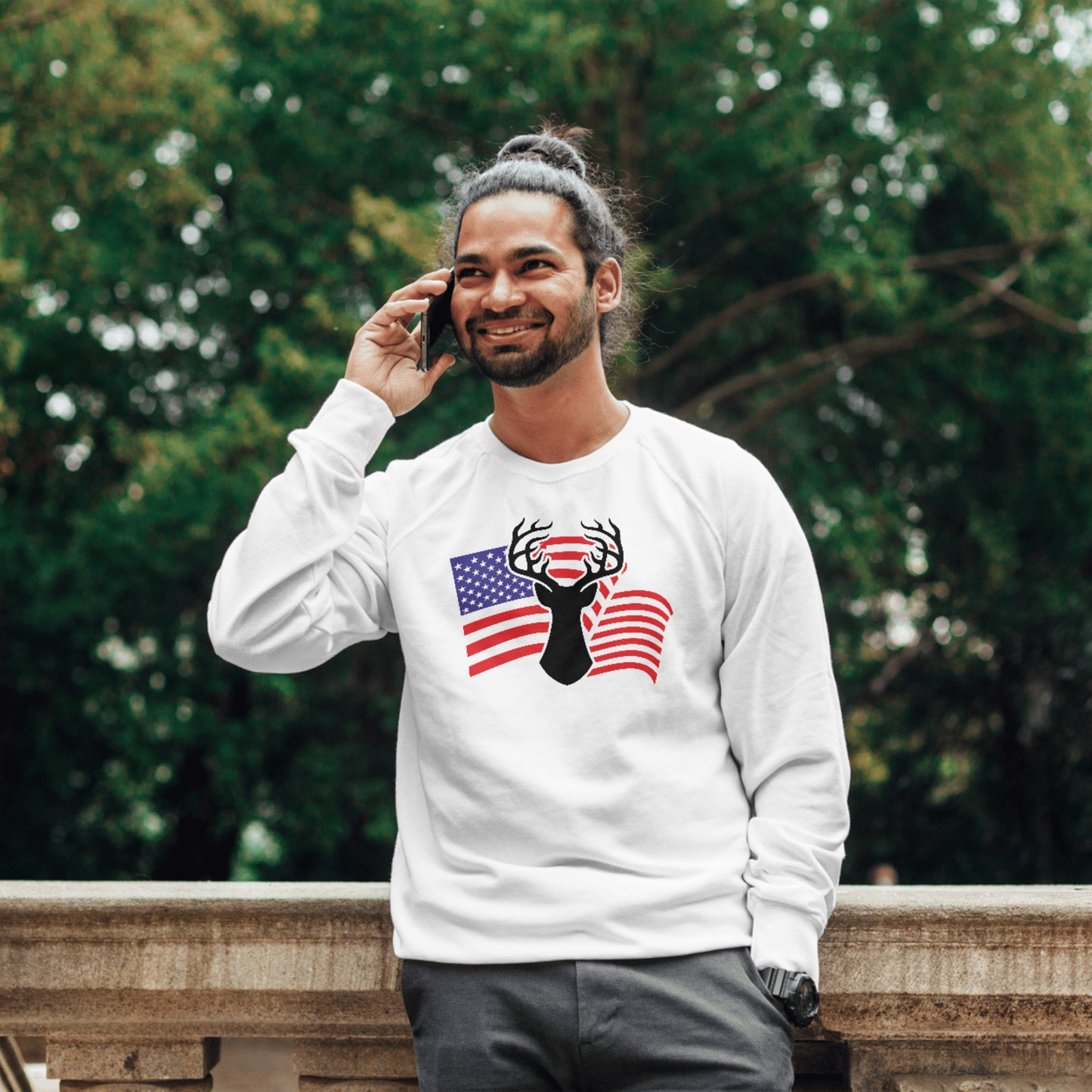 Stylized deer head design featuring a USA flag backdrop