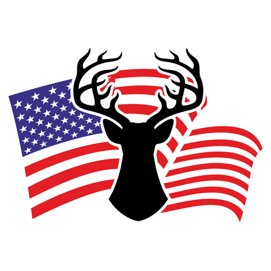 Stylized deer head design featuring a USA flag backdrop