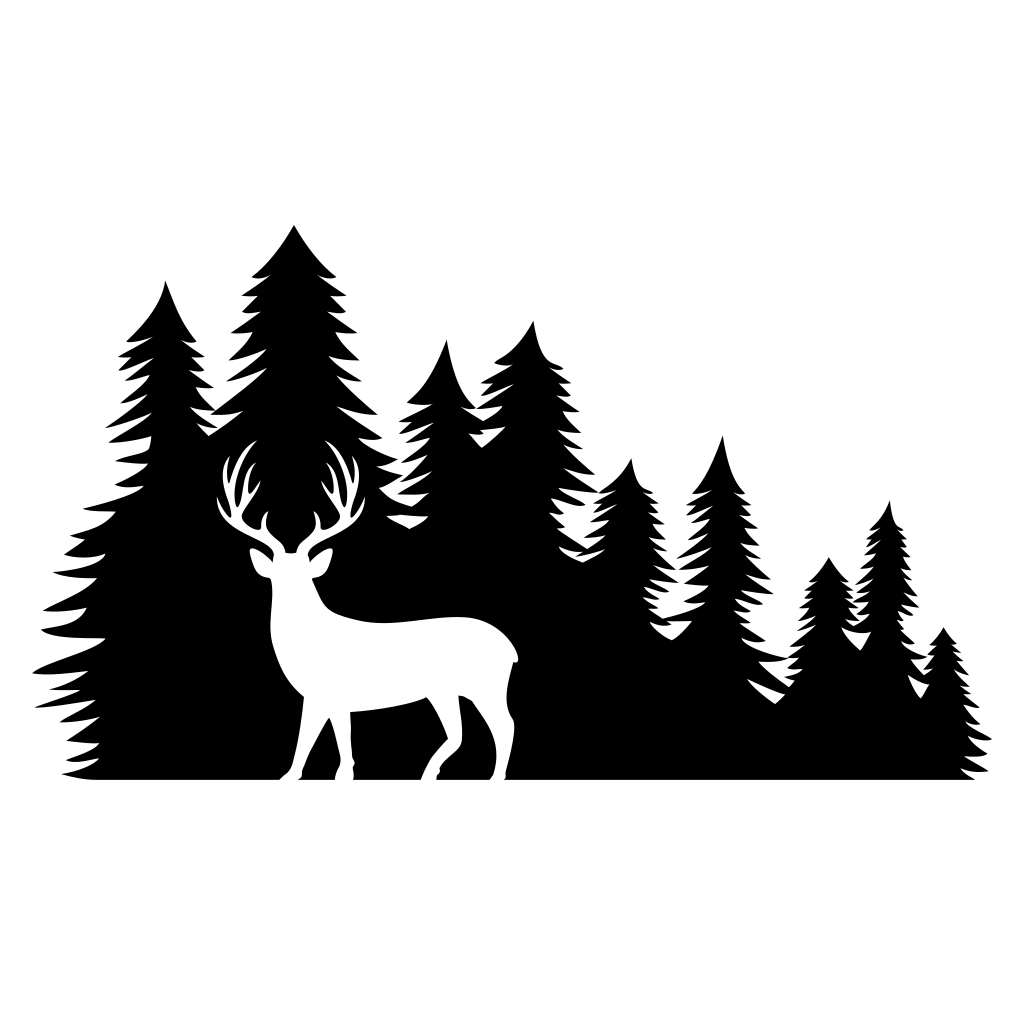 Layered silhouette of deer amidst dense forest scenery
