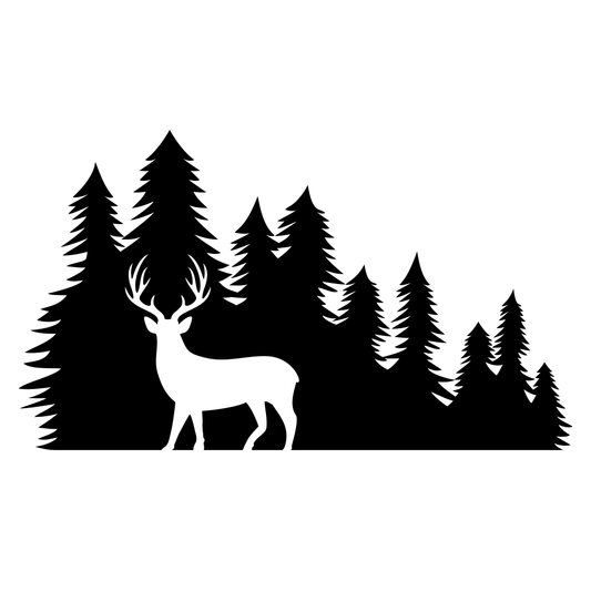 Layered silhouette of deer amidst dense forest scenery
