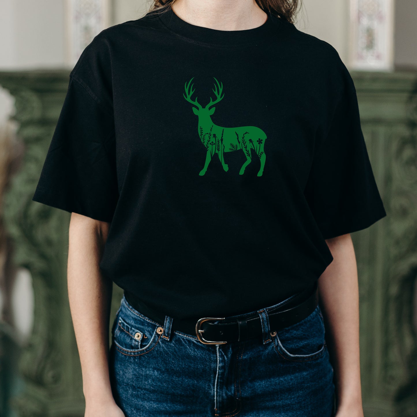 Intricate floral design of a majestic deer silhouette