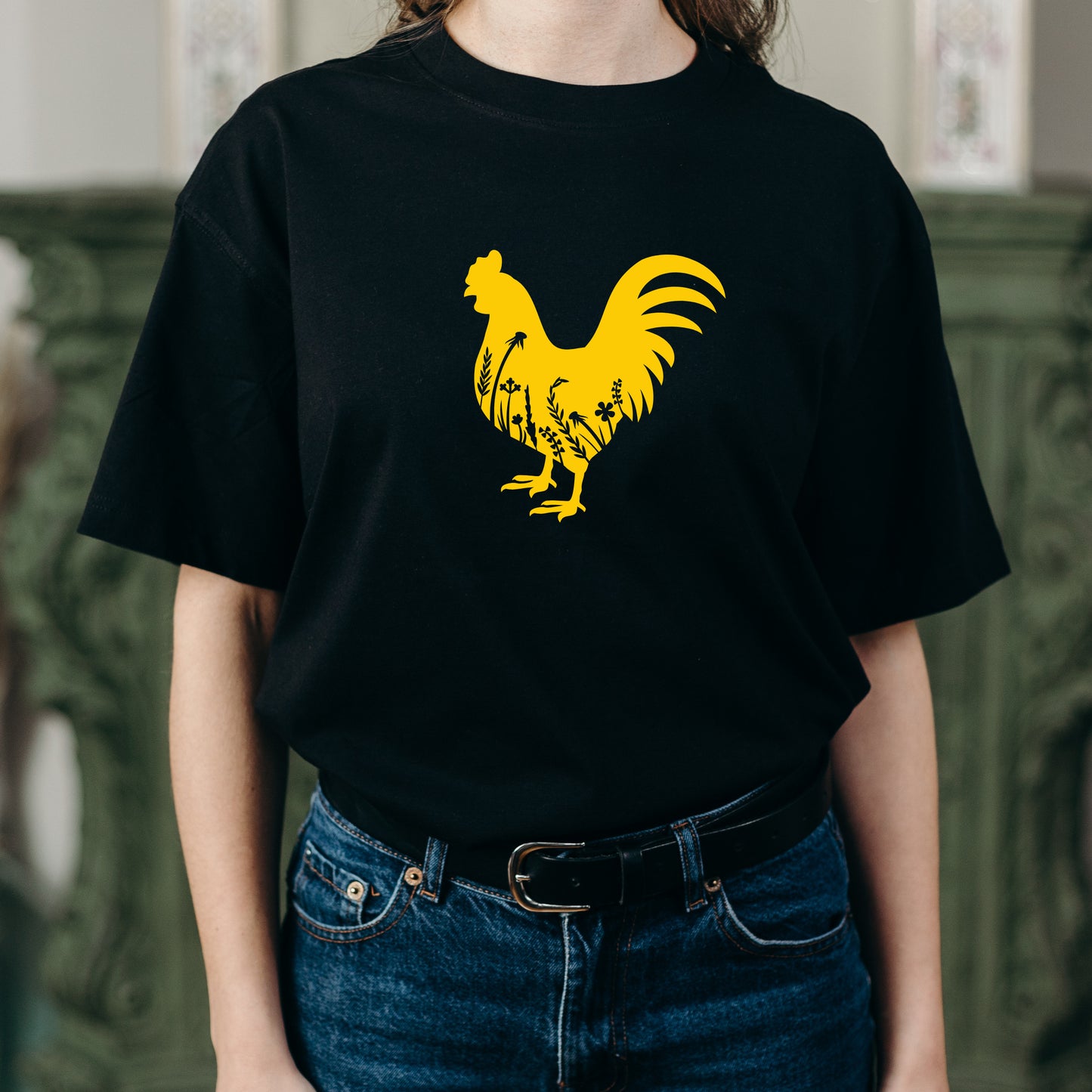 Unique floral silhouette of a rooster for creative crafts
