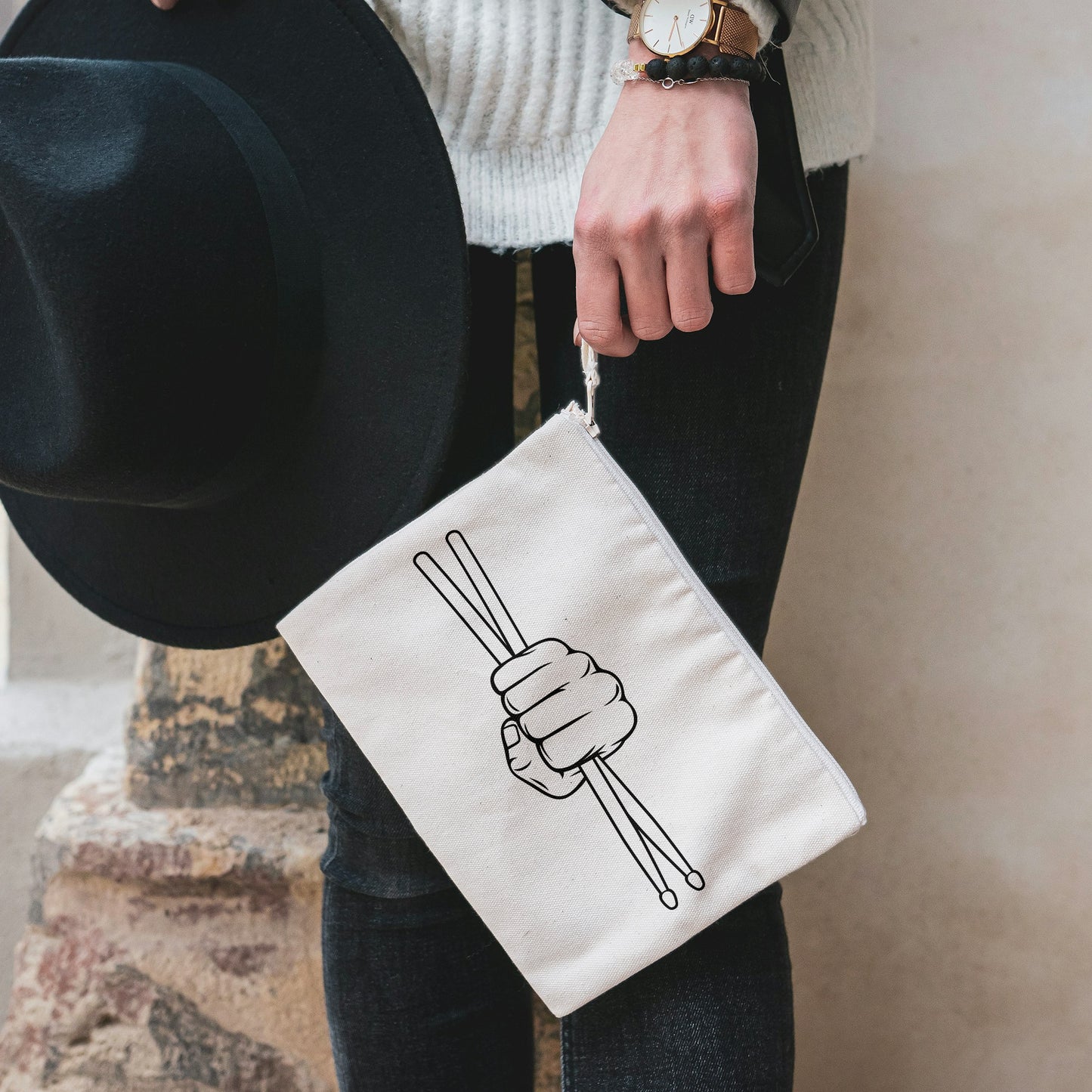 Creative hand gripping drumsticks for dynamic music expression