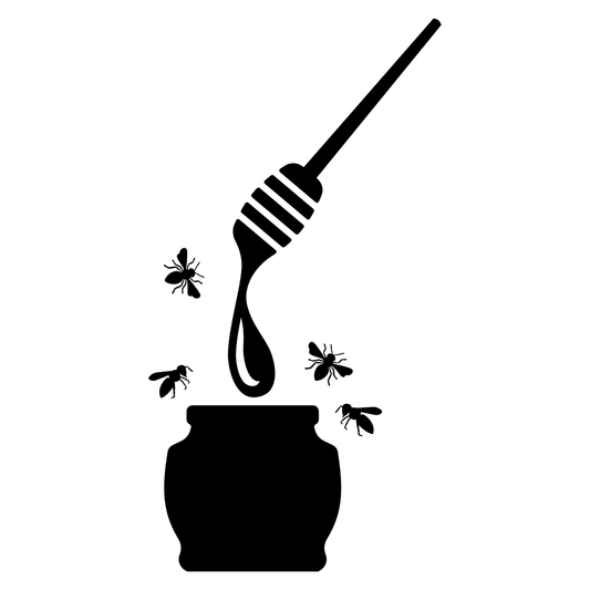 Honey drips from dipper into pot surrounded by bees