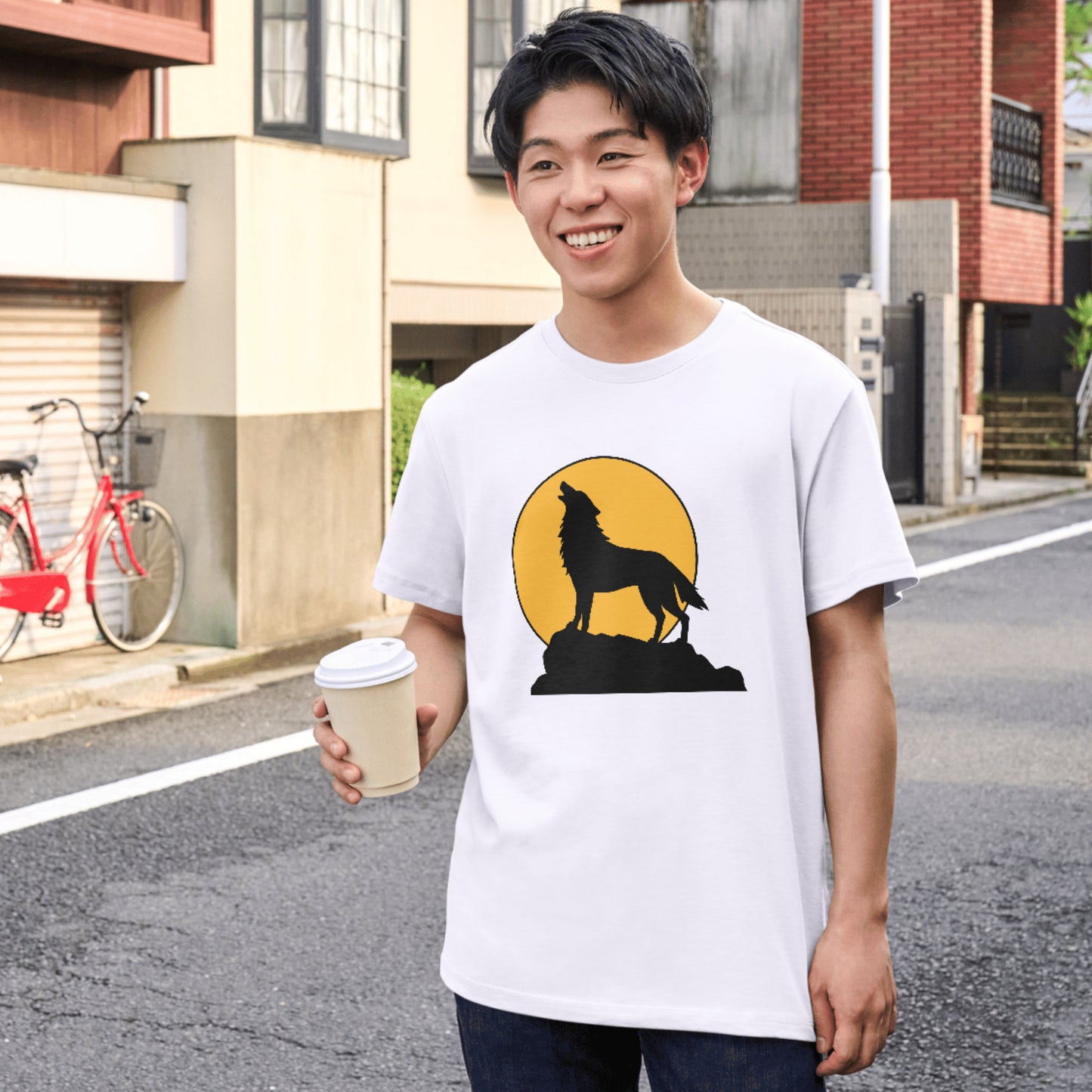 Howling wolf silhouette against a vibrant yellow moon
