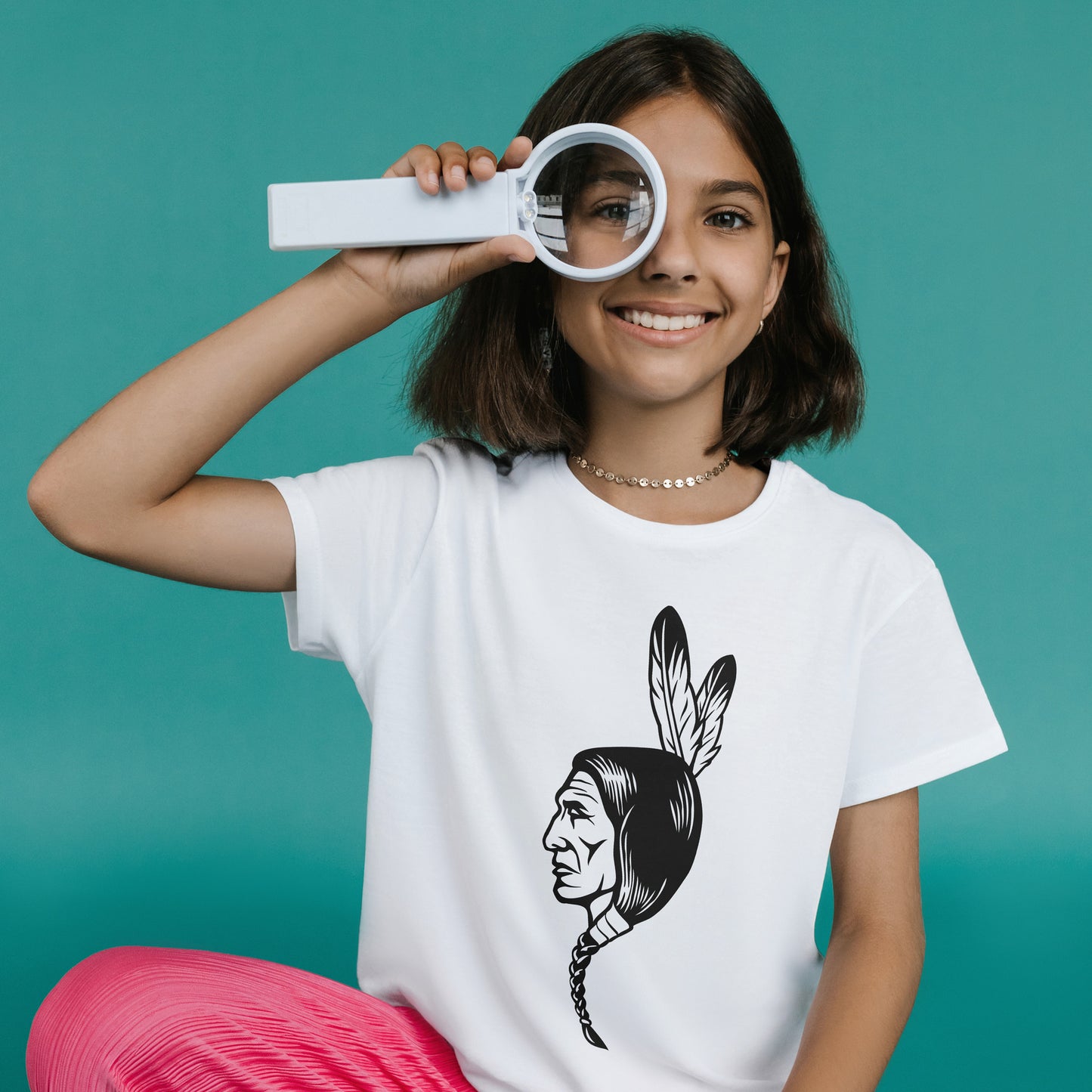Black and white vector of an Indian chief with feathers