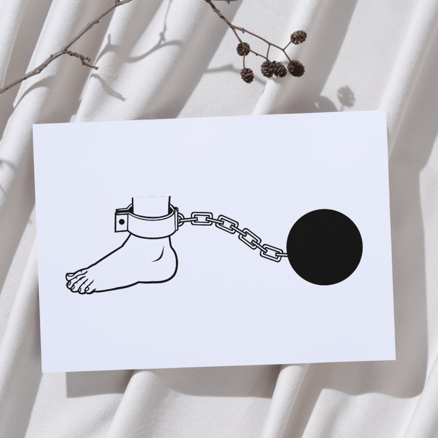 Leg chained, symbolizing restraint and struggle