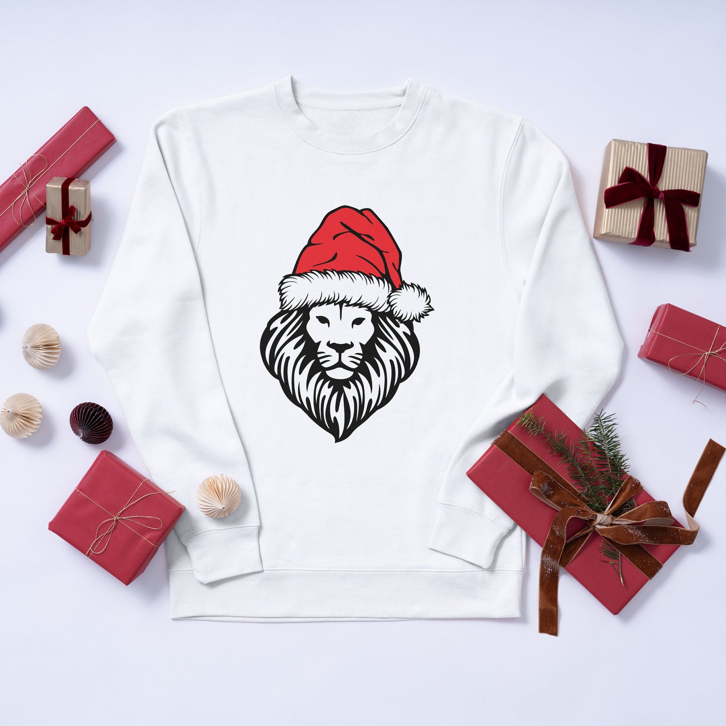 Festive lion wearing Santa hat for creative projects