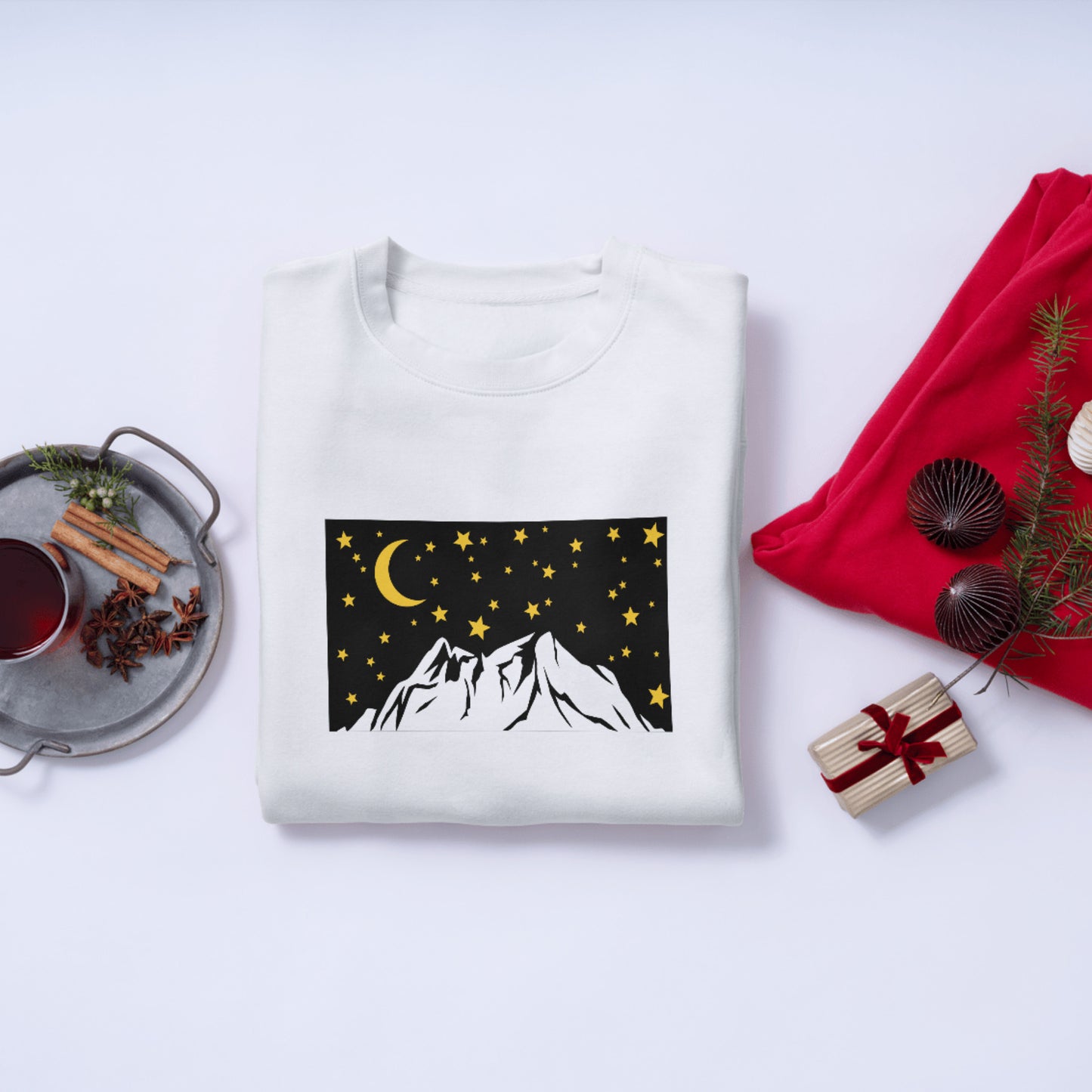 Mountain silhouette under a starry night sky design