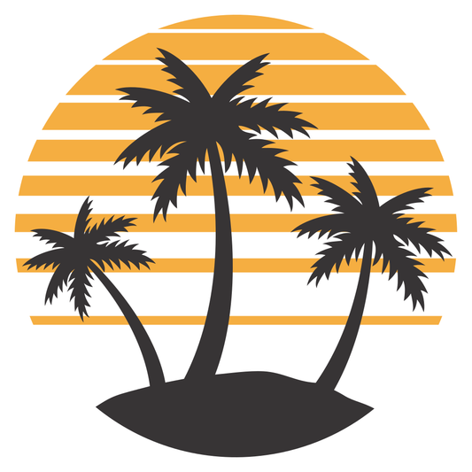 Palm trees silhouetted against a vibrant sunset backdrop