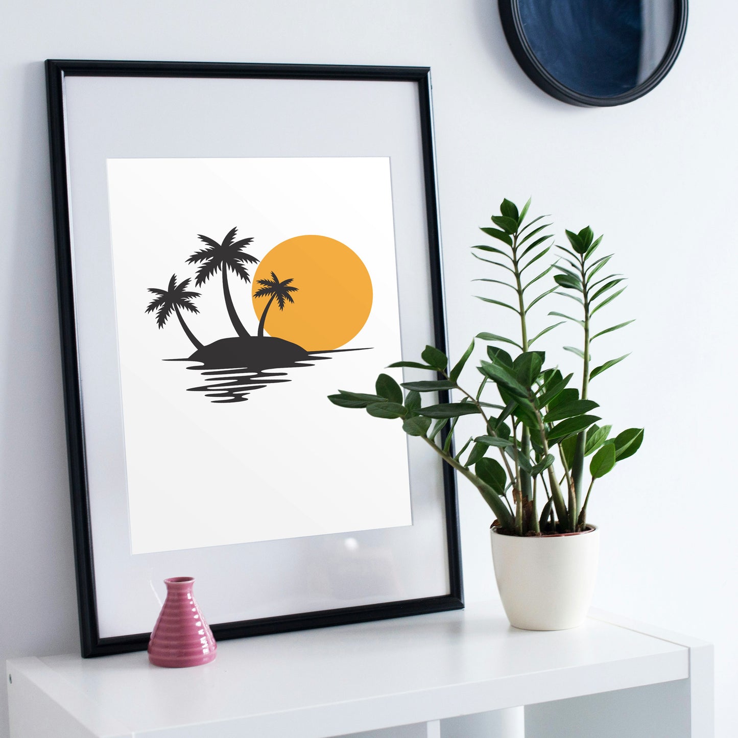 Vibrant palm tree silhouette against a warm sunset backdrop