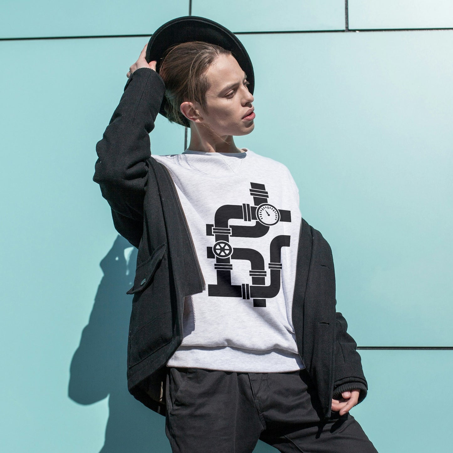 Stylish black vector design of a pipe with valve for crafting