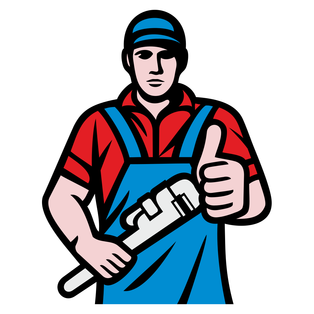 Plumber holding a wrench ready for action in workshop