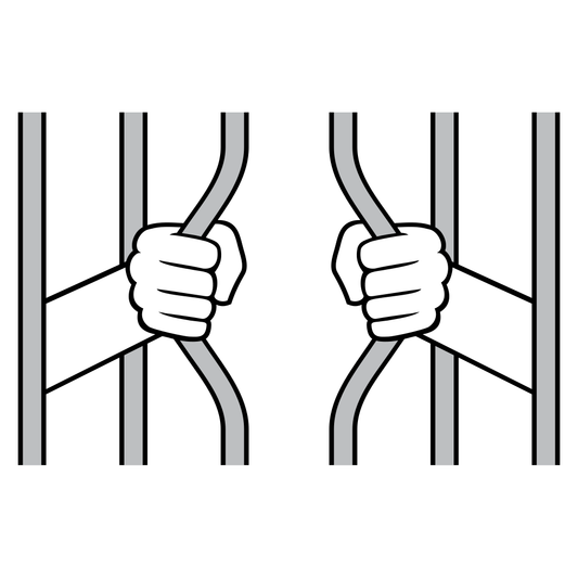 Prison break design featuring hands gripping jail bars