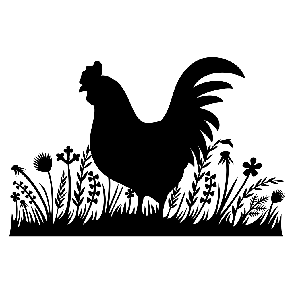 Vector rooster silhouette among flourishing grass and flowers