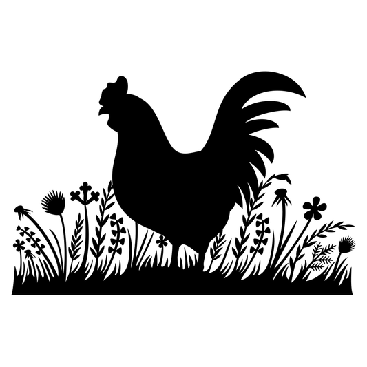 Vector rooster silhouette among flourishing grass and flowers