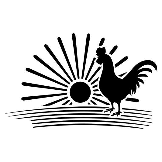 Rooster silhouette with sun rising over peaceful landscape