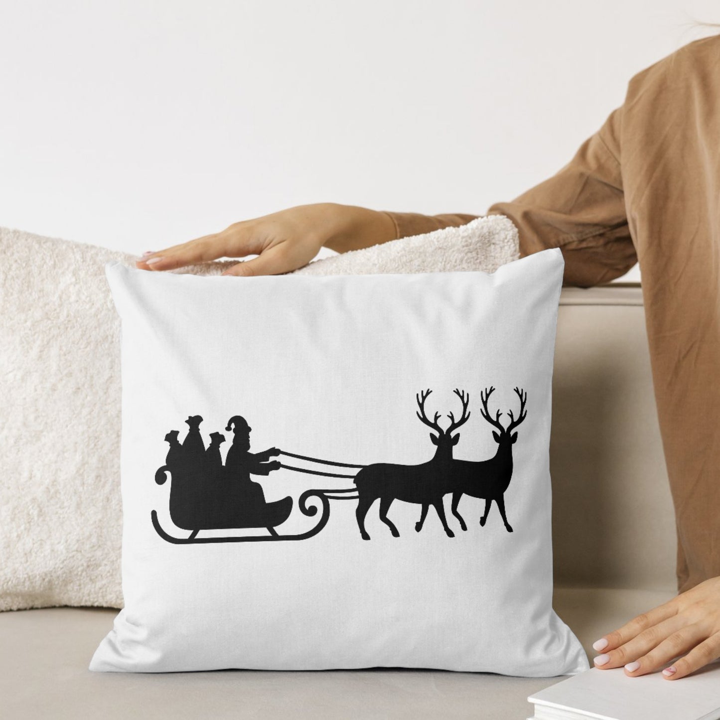 Santa Claus rides through the night sky on a festive sleigh