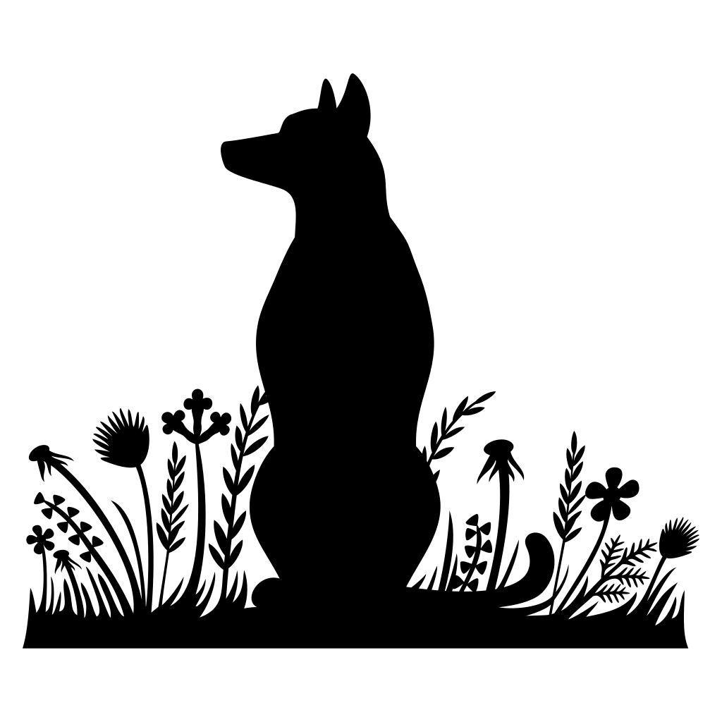 Sitting dog silhouette surrounded by lush grass and wildflowers