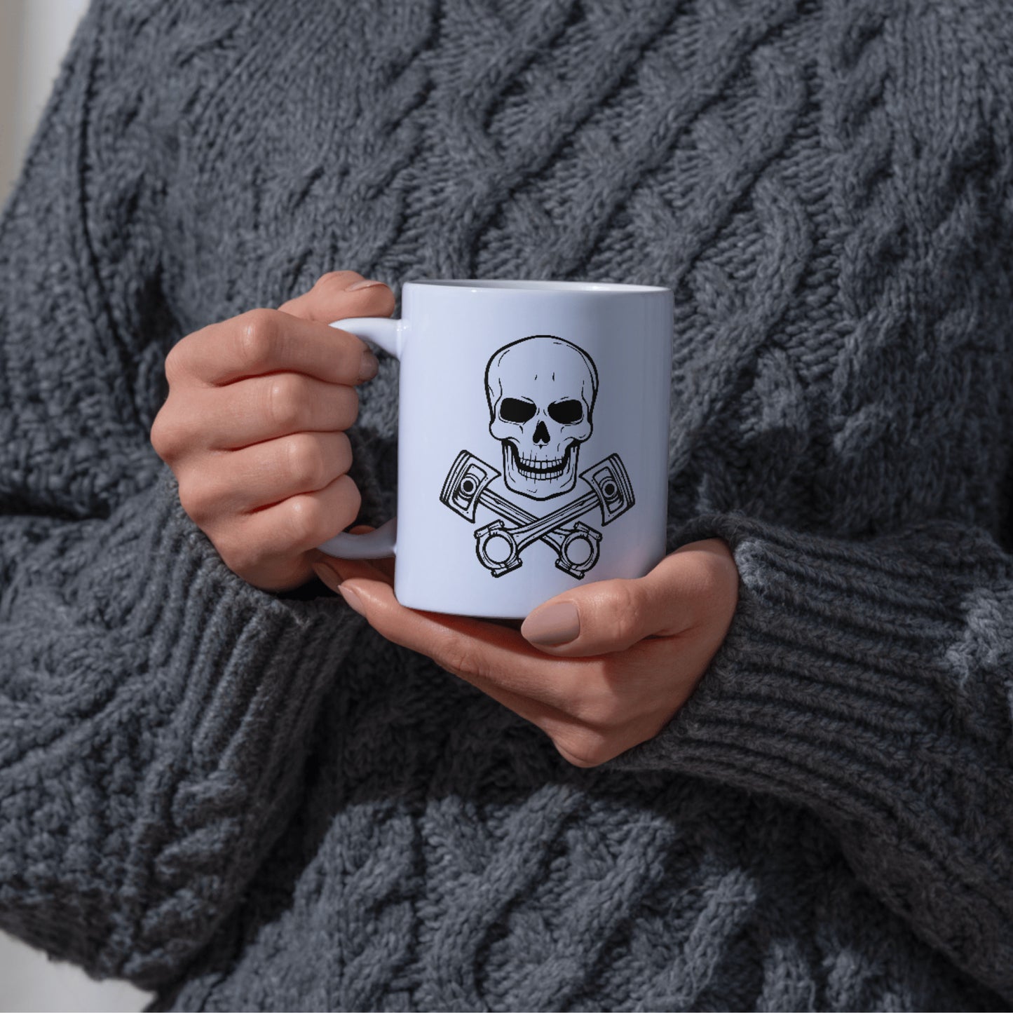 Bold skull with crossed pistons design for cutting machines