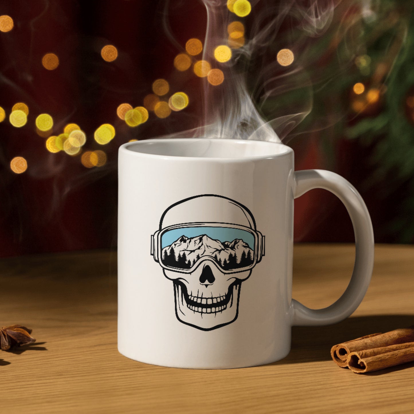 Skiing skull design featuring mountain reflections for crafting