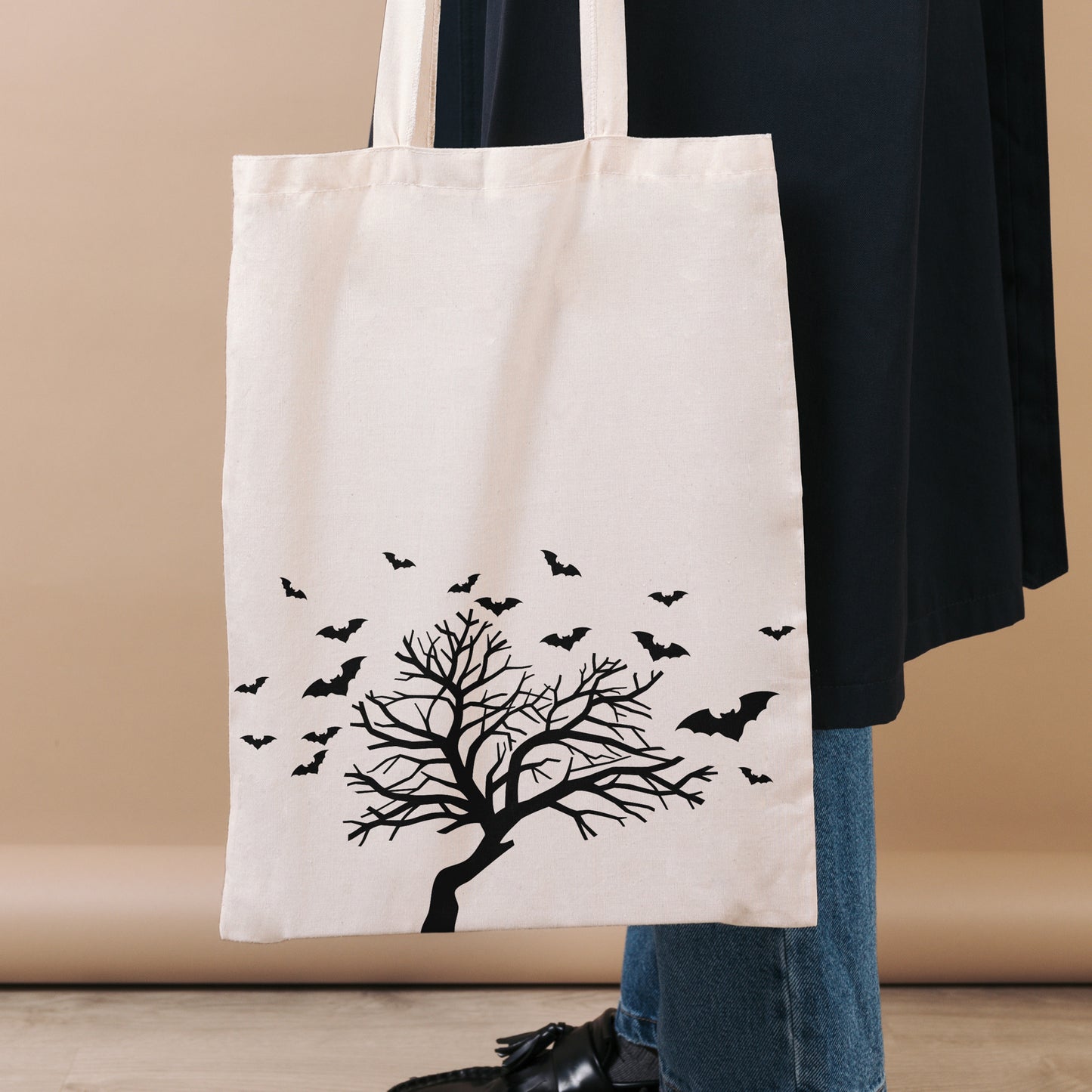 Spooky tree silhouette with flying bats for crafting