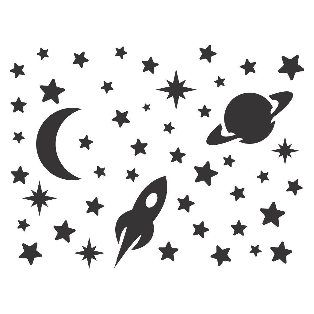 Explore the cosmos with stars, planets, and a rocket design