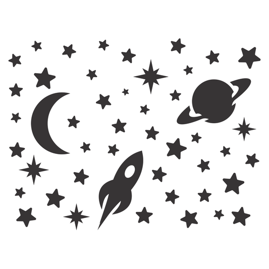 Explore the cosmos with stars, planets, and a rocket design