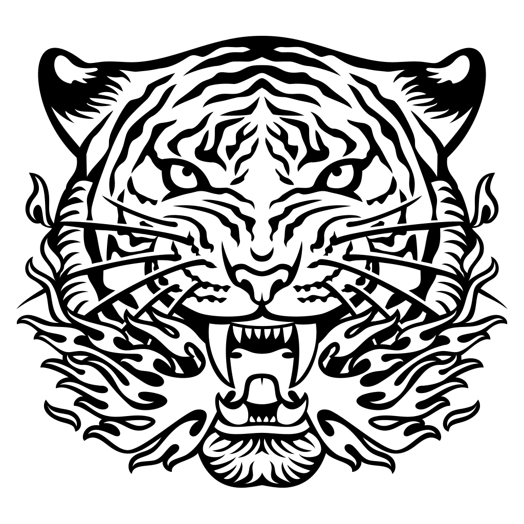 Fierce black and white tiger roaring amidst flames