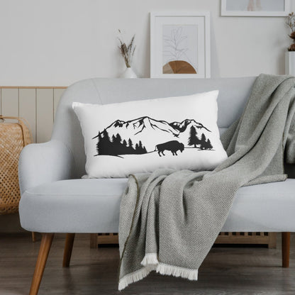 Mountain landscape featuring American bison silhouette design