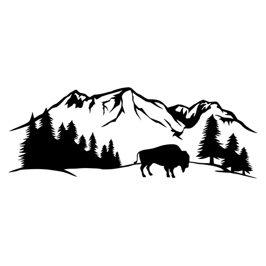 Mountain landscape featuring American bison silhouette design