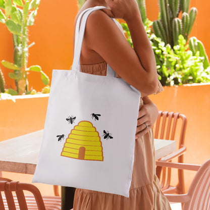 Creative vector svg design of a beehive with buzzing bees