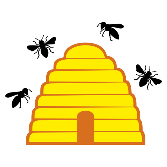 Creative vector svg design of a beehive with buzzing bees