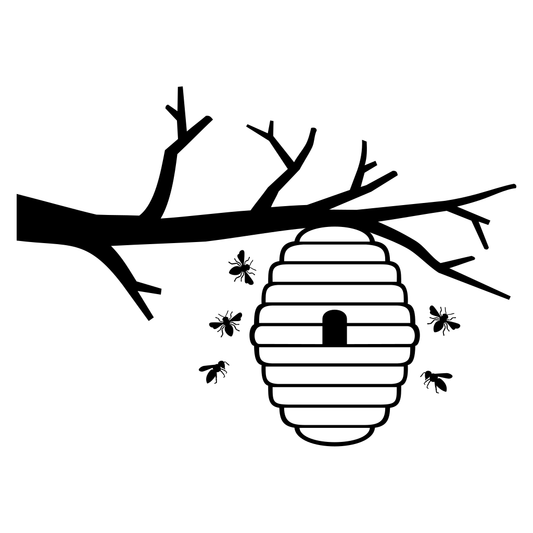 Buzzing life in a beehive on a tree branch