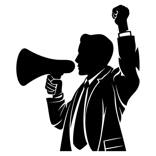 Businessman passionately advocating with a megaphone in hand