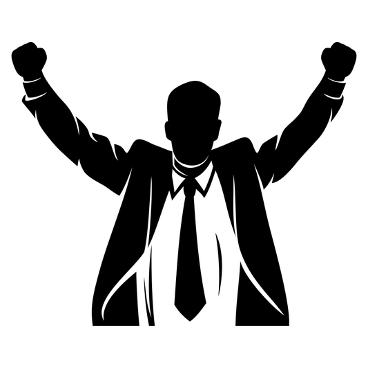 Businessman celebrates success with arms raised in triumph