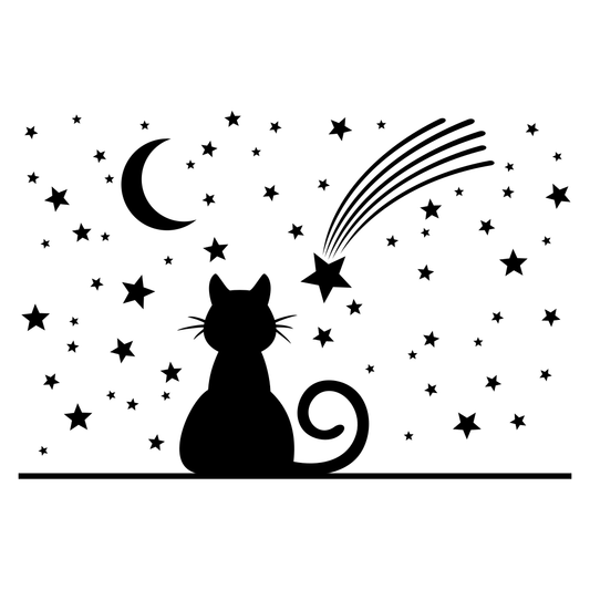 Whimsical cat gazing at the starry night sky in silhouette
