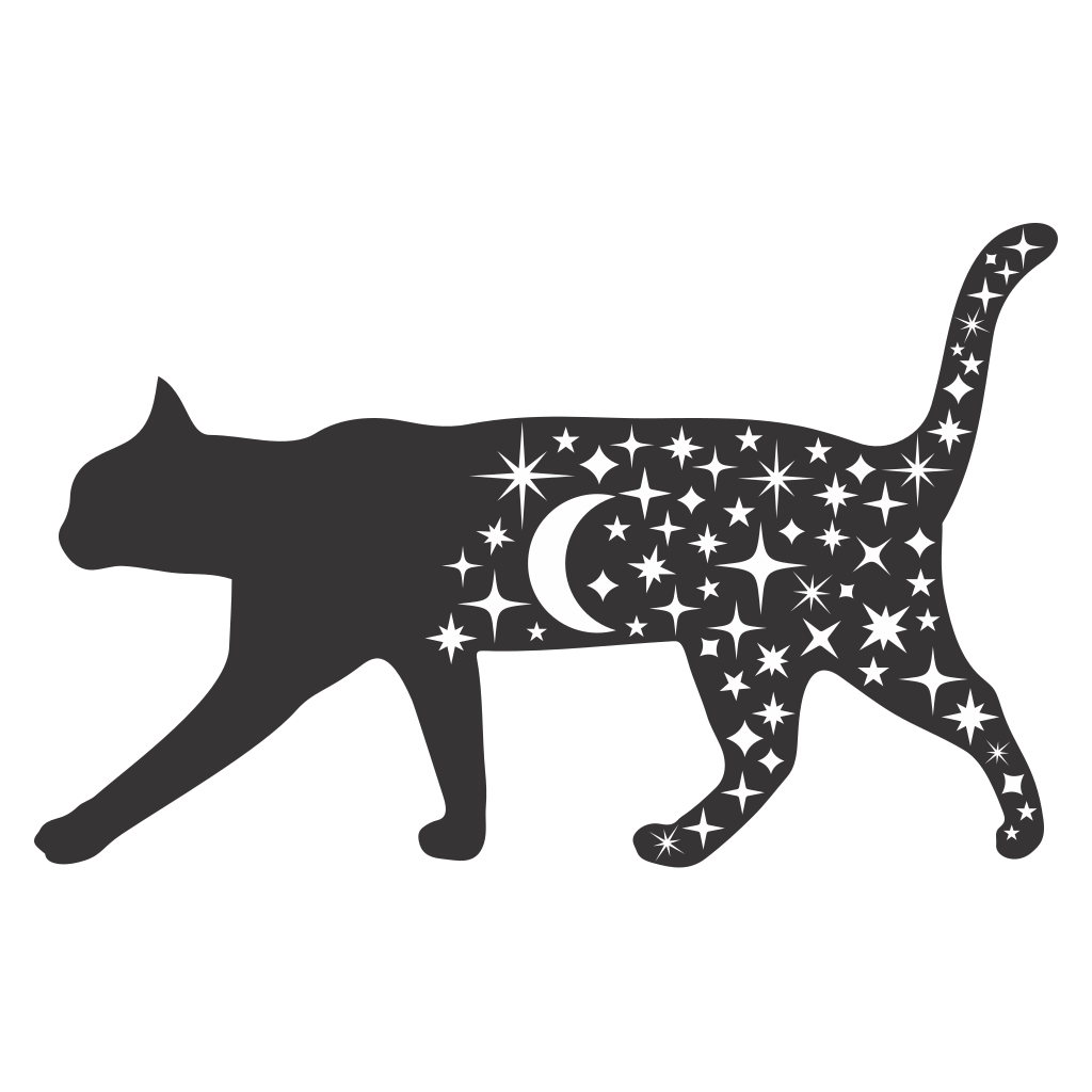 Magical black cat silhouette with stars and crescent moon