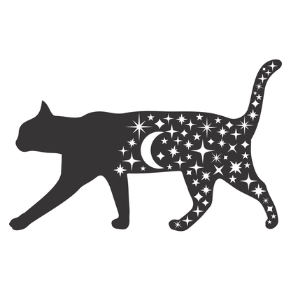Magical black cat silhouette with stars and crescent moon