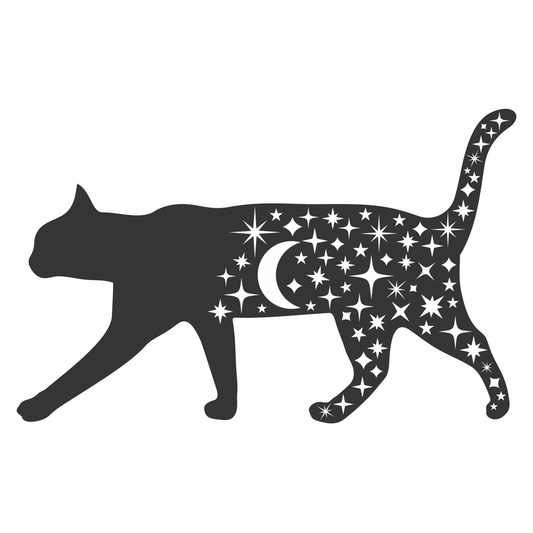 Magical black cat silhouette with stars and crescent moon