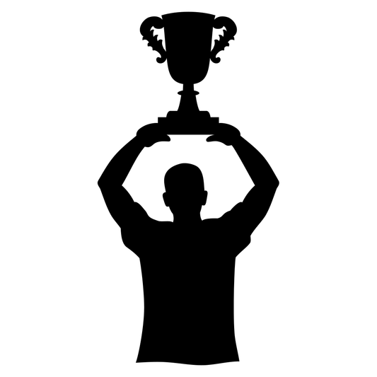 Champion celebrates victory with a trophy raised high